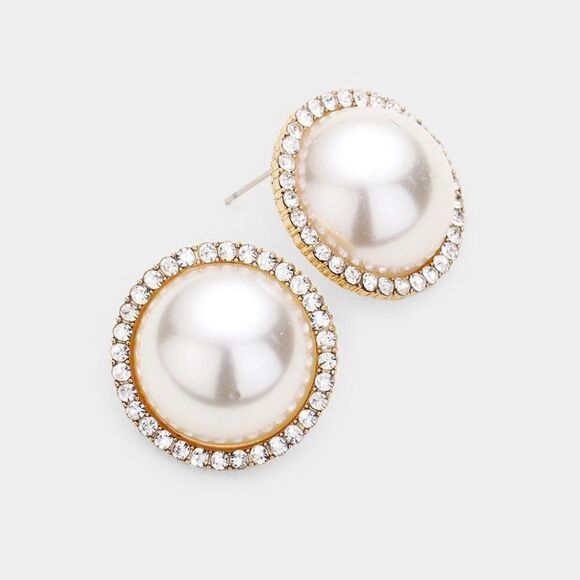Cream Pearl & Pave Rhinestone Round Gold Earrings - Picture 3 of 5